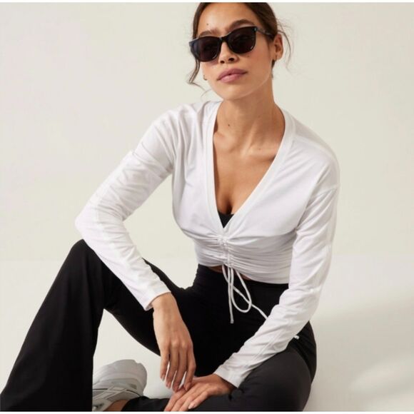ATHLETA Crossover Ruched Long Sleeve Top V-Neck, White, Sz L - Picture 7 of 11